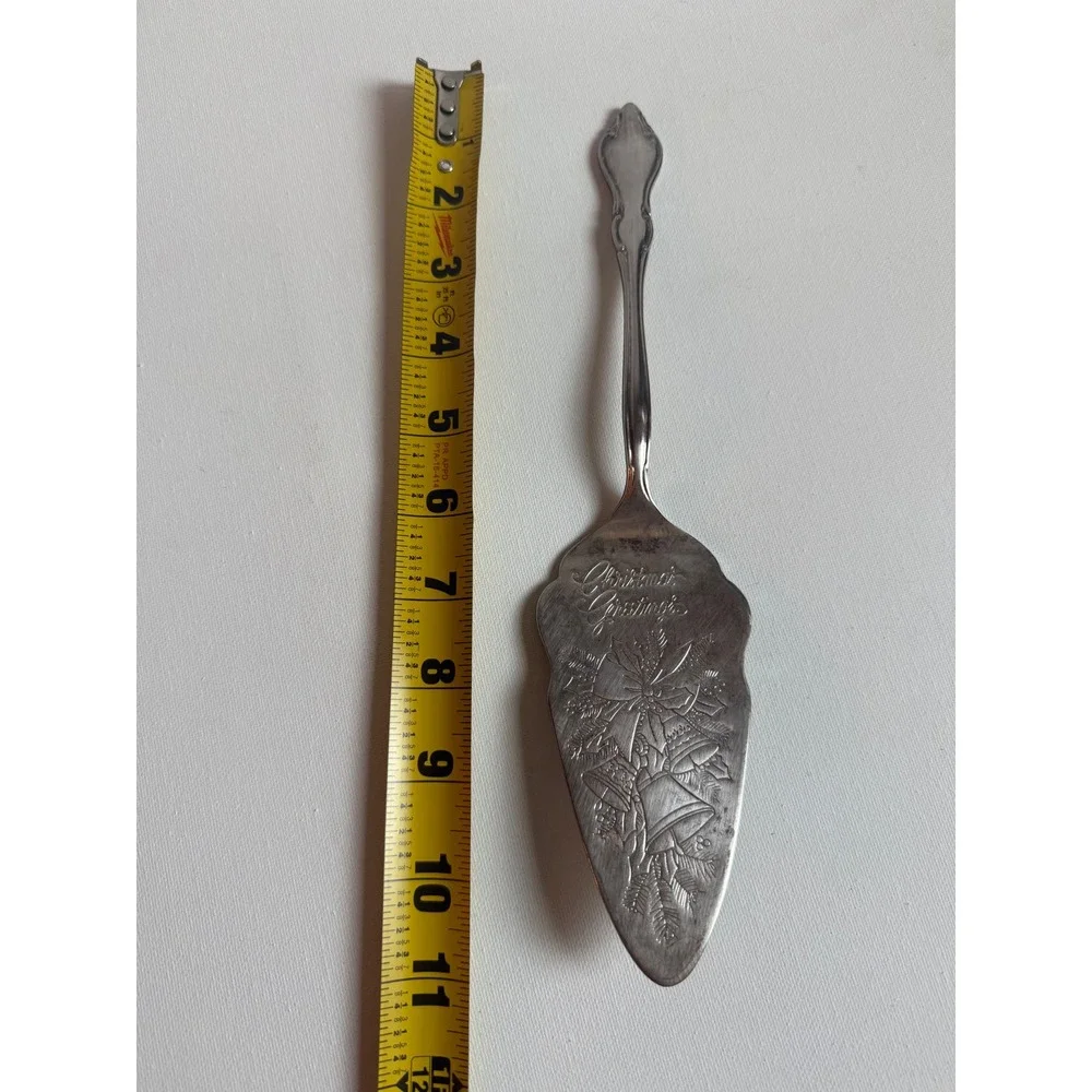 Vintage Christmas Greetings Silver Tone Pie Cake Server Holiday Bells Engraved